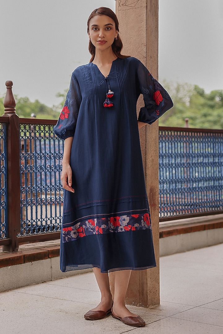 Indigo Blue Muslin Cotton Midi Summer Dress by Vaayu at Pernia's Pop Up Shop