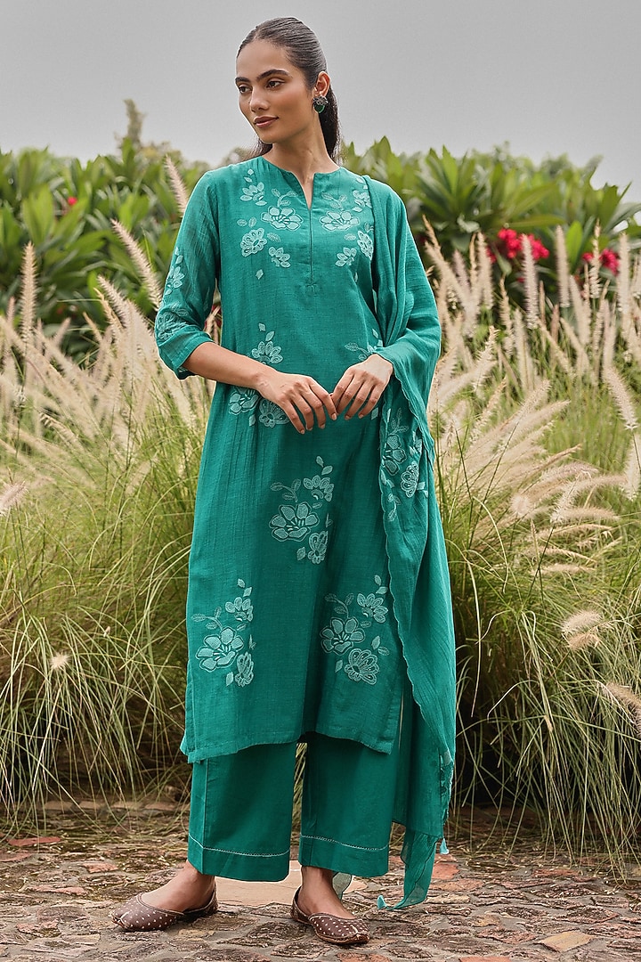 Teal Muslin Cotton Applique Embroidered Kurta Set by Vaayu at Pernia's Pop Up Shop