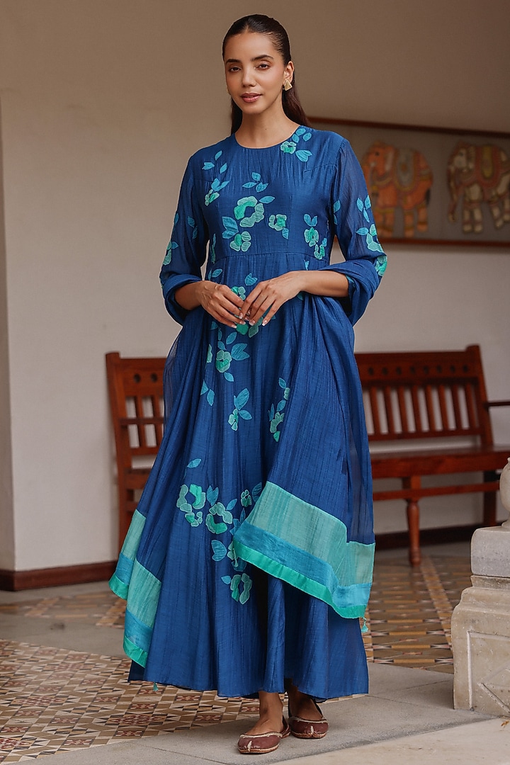 Indigo Blue Muslin Cotton Applique Floral Motif Party Wear Anarkali Set by Vaayu at Pernia's Pop Up Shop