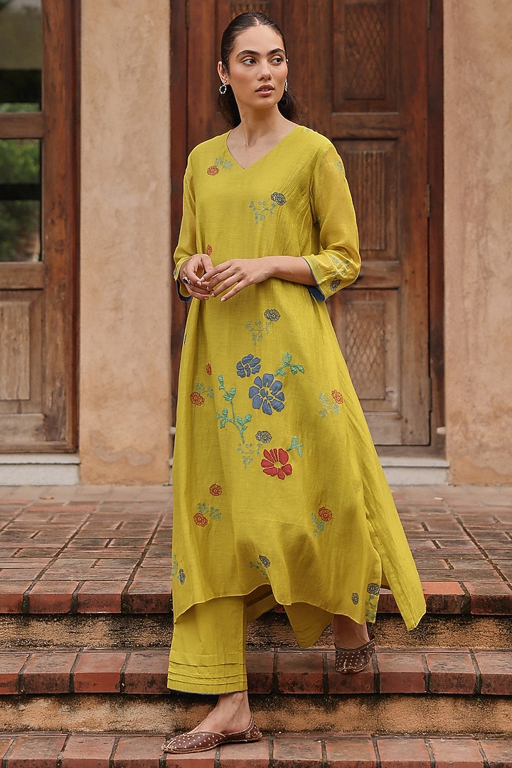 Citrine Muslin Cotton Applique Embroidered Co-Ord Set by Vaayu at Pernia's Pop Up Shop