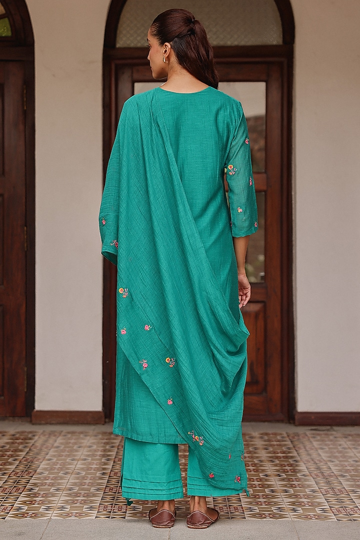 Teal Muslin Cotton Applique Embroidered Kurta Set by Vaayu at Pernia's Pop Up Shop