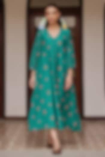 Teal Muslin Cotton Embroidered Summer Dress by Vaayu at Pernia's Pop Up Shop