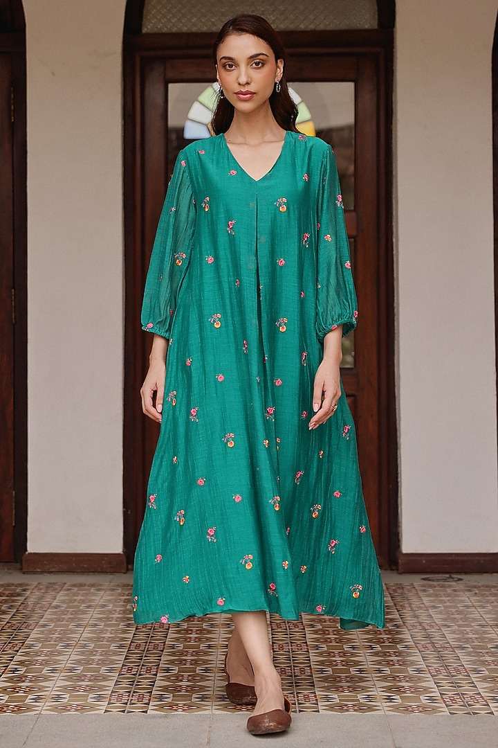 Teal Muslin Cotton Embroidered Summer Dress by Vaayu at Pernia's Pop Up Shop