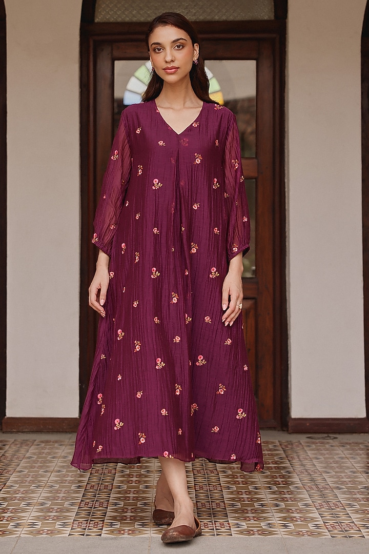 Amethyst Muslin Cotton Embroidered Summer Dress by Vaayu at Pernia's Pop Up Shop