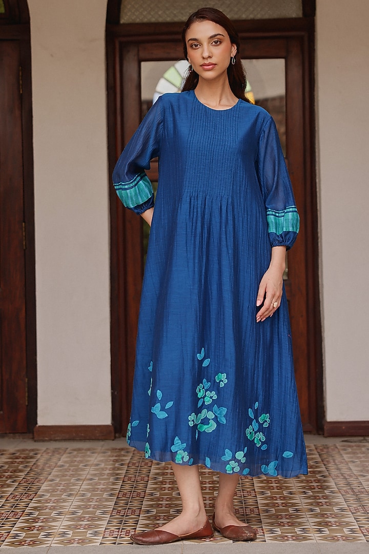 Indigo Blue Muslin Cotton Pintuck Summer Dress by Vaayu at Pernia's Pop Up Shop