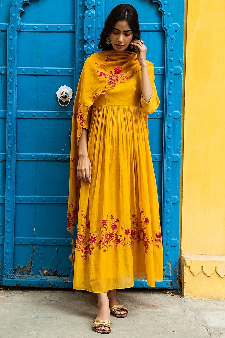 Amber Yellow Embroidered Anarkali Set by Vaayu