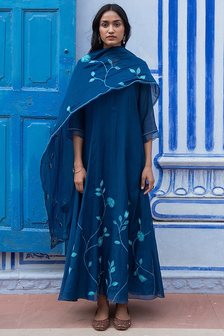 Sapphire Blue Floral Embroidered Anarkali Set by Vaayu