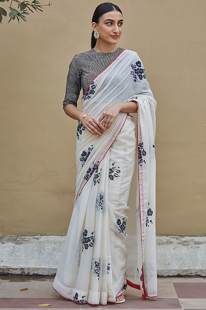 Pearl White Printed Saree Set by Vaayu