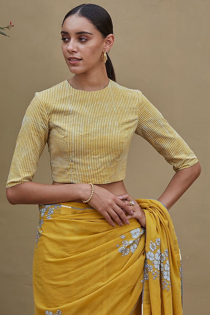 Rue Yellow Printed Festive Saree Set by Vaayu at Pernia's Pop Up Shop