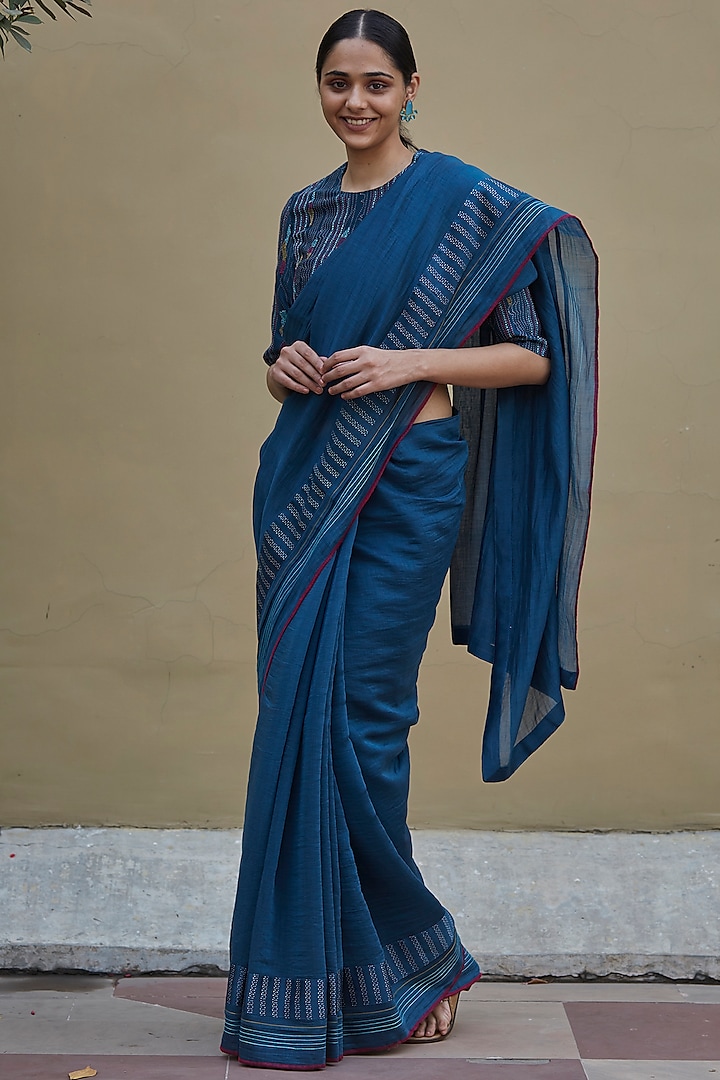 Indigo Cotton Muslin Printed Festive Saree Set by Vaayu at Pernia's Pop Up Shop