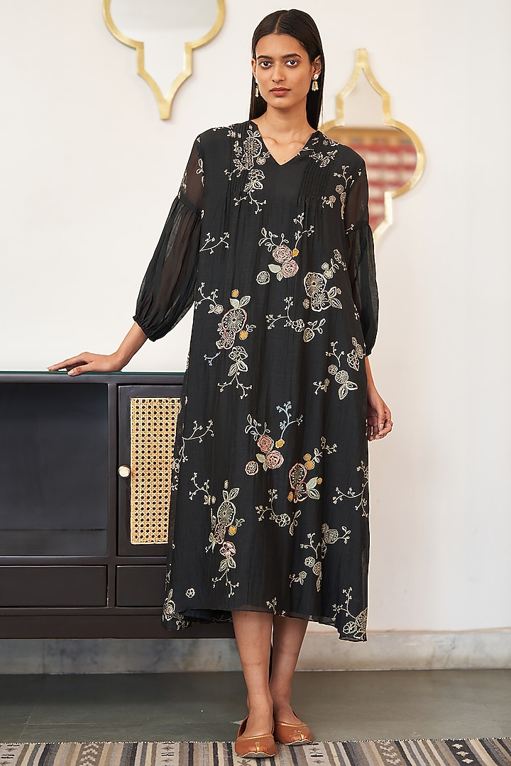 Onyx Muslin Cotton Discharge Printed & Embroidered Flowy Midi Dress by Vaayu