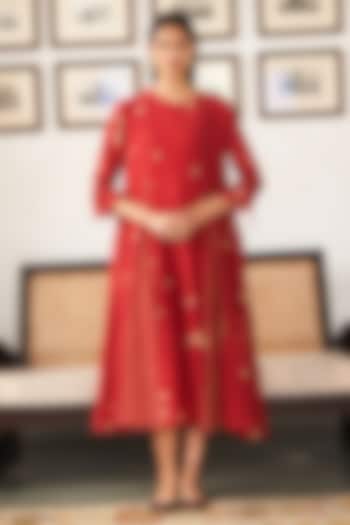 Poppy Red Muslin Cotton Checkered Printed Dress by Vaayu