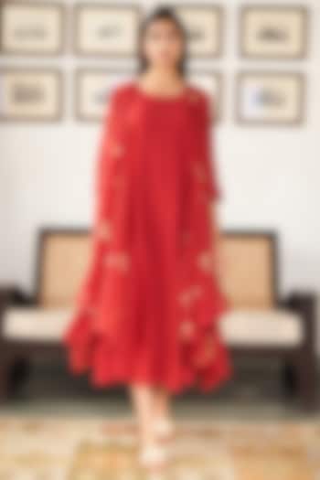 Poppy Red Muslin Cotton Printed & Applique Embroidered Jacket Summer Dress by Vaayu at Pernia's Pop Up Shop