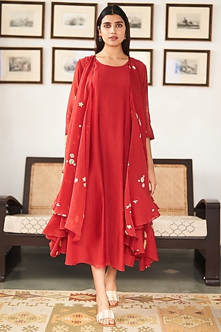 Poppy Red Muslin Cotton Printed & Applique Embroidered Jacket Dress by Vaayu
