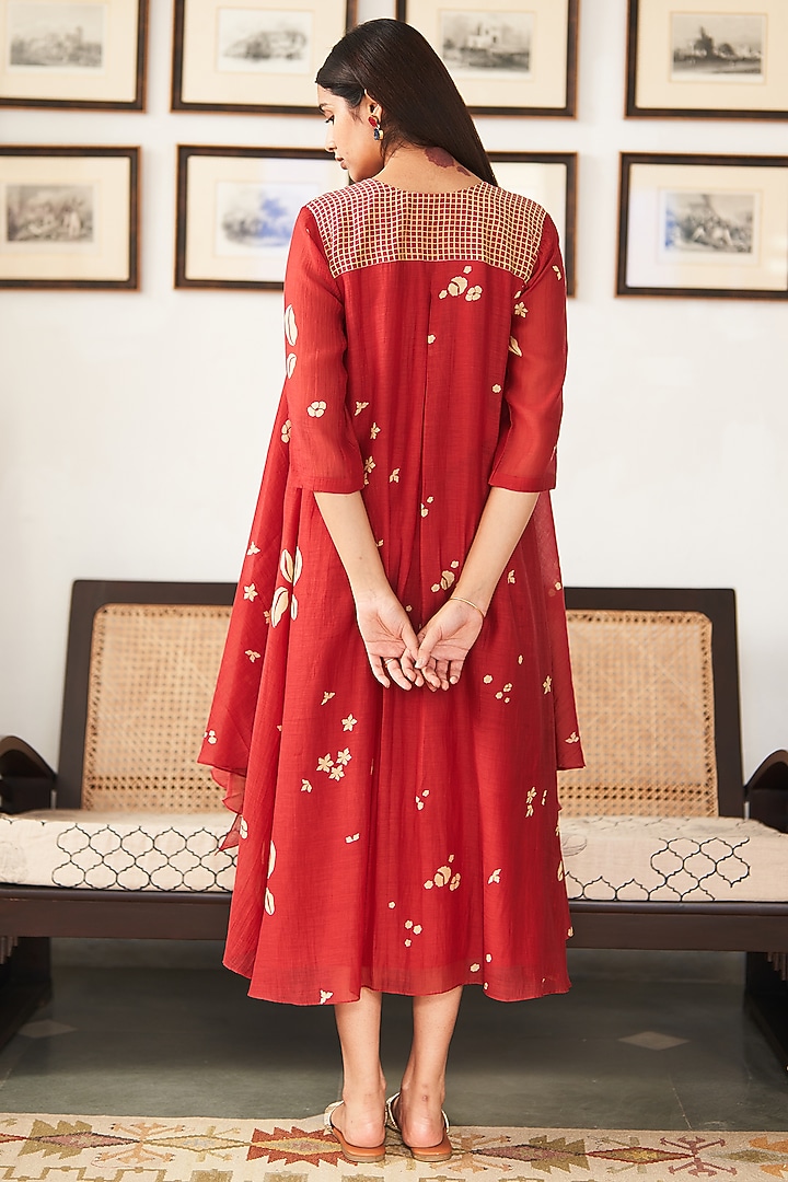 Poppy Red Muslin Cotton Printed & Applique Embroidered Jacket Summer Dress by Vaayu at Pernia's Pop Up Shop