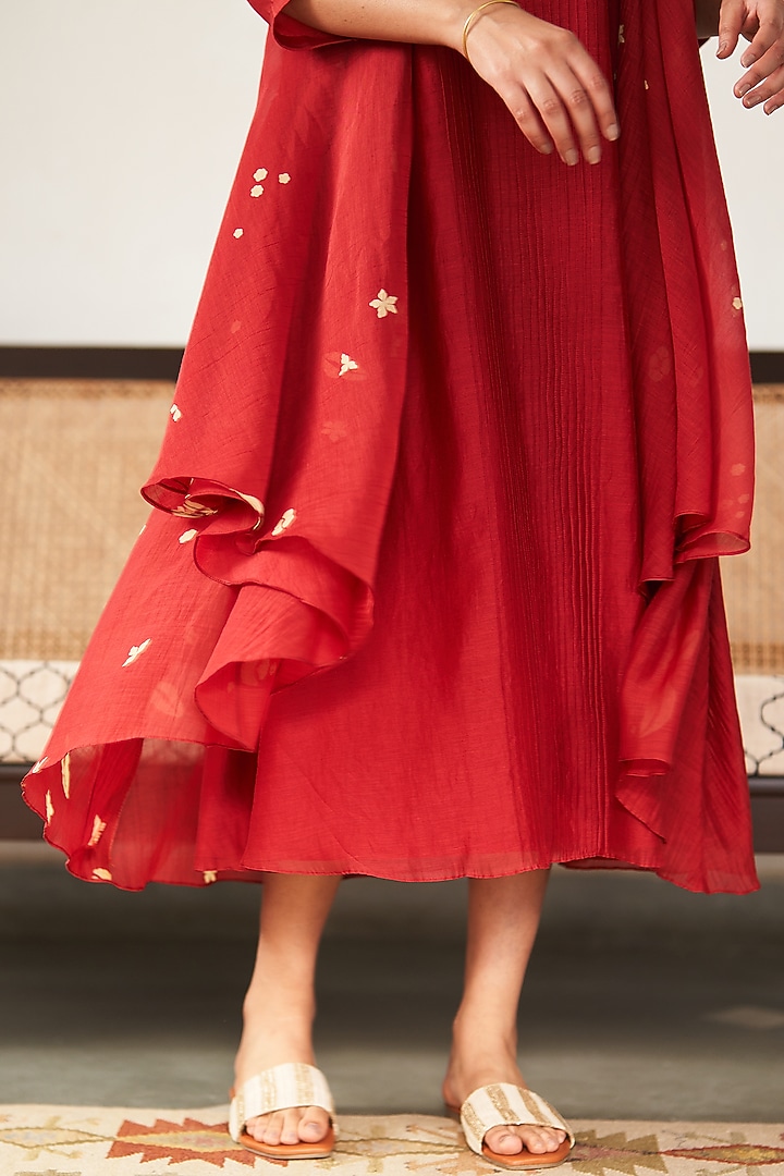 Poppy Red Muslin Cotton Printed & Applique Embroidered Jacket Summer Dress by Vaayu at Pernia's Pop Up Shop