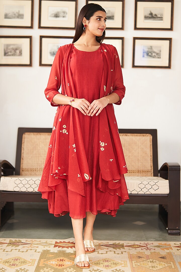 Poppy Red Muslin Cotton Printed & Applique Embroidered Jacket Summer Dress by Vaayu at Pernia's Pop Up Shop