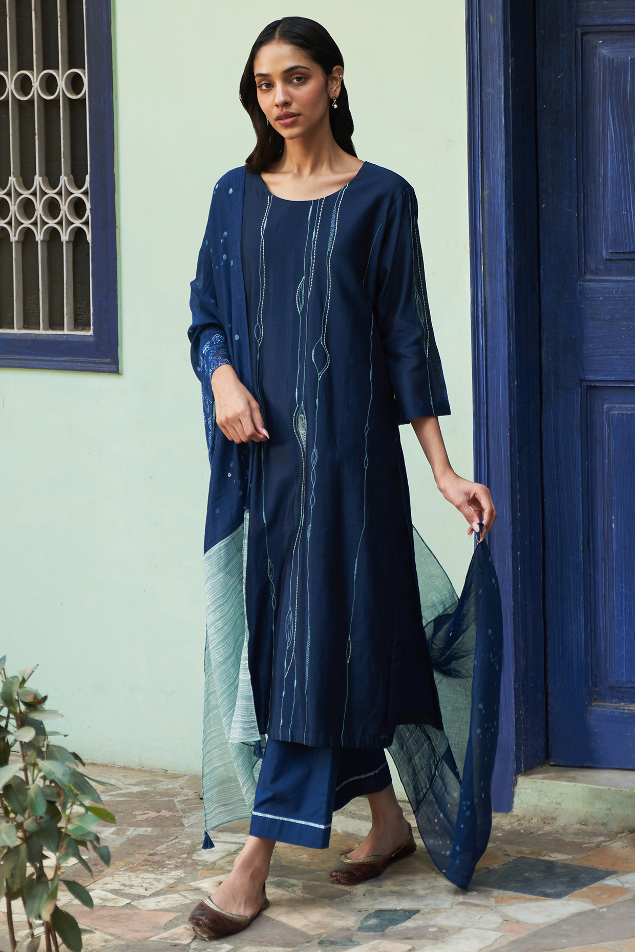 Indigo Muslin Cotton Printed & Thread Work Kurta Set by Vaayu at Pernia's Pop Up Shop