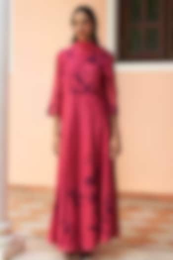 Pink Muslin Floral Applique Work Party Wear Anarkali Set by Vaayu at Pernia's Pop Up Shop