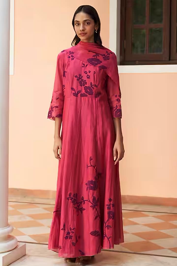 Pink Muslin Floral Applique Work Party Wear Anarkali Set by Vaayu at Pernia's Pop Up Shop