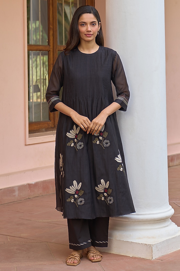 Noir Black Muslin Cotton Threadwork Co-Ord Set by Vaayu at Pernia's Pop Up Shop