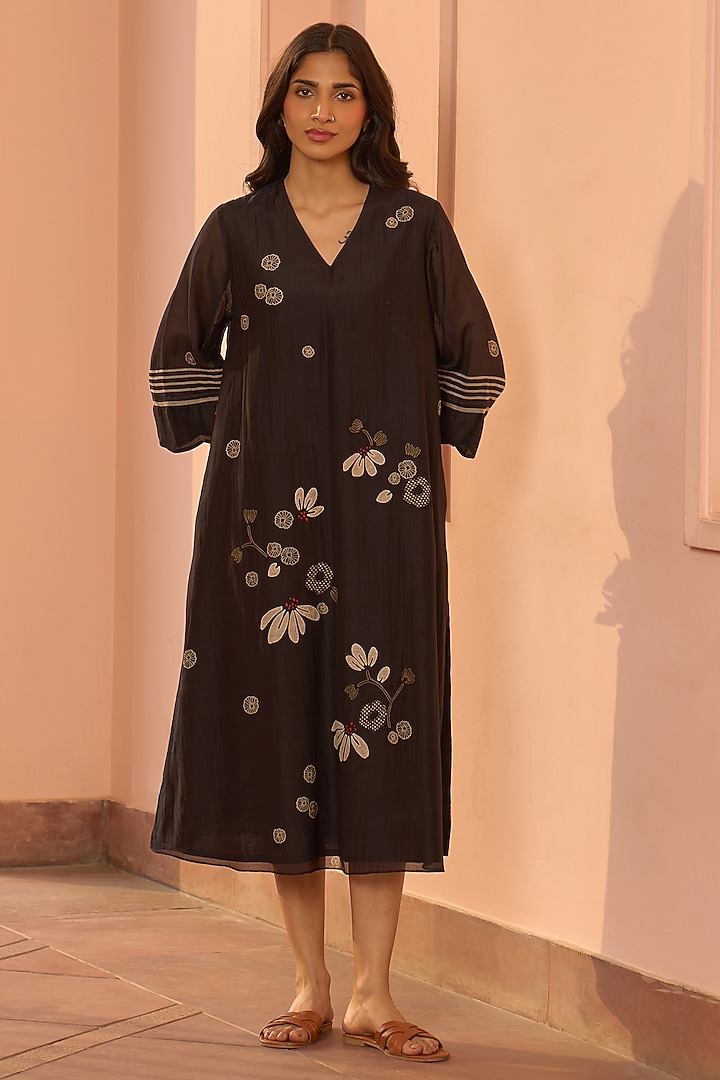 Noir Black Muslin Cotton Embroidered Summer Dress by Vaayu at Pernia's Pop Up Shop
