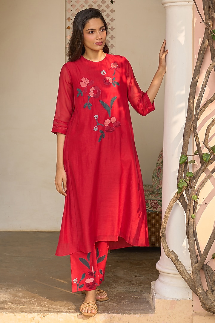 Cherry Red Muslin Cotton Embroidered Co-Ord Set by Vaayu at Pernia's Pop Up Shop