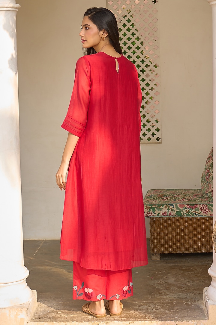 Cherry Red Muslin Cotton Embroidered Co-Ord Set by Vaayu at Pernia's Pop Up Shop