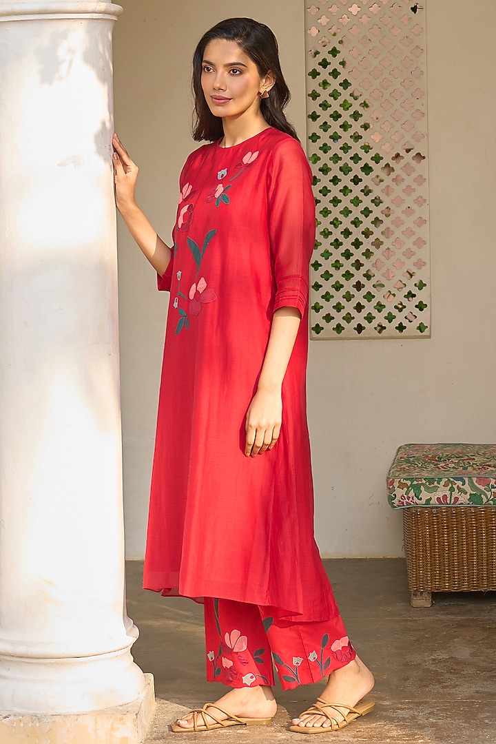 Cherry Red Muslin Cotton Embroidered Co-Ord Set by Vaayu at Pernia's Pop Up Shop