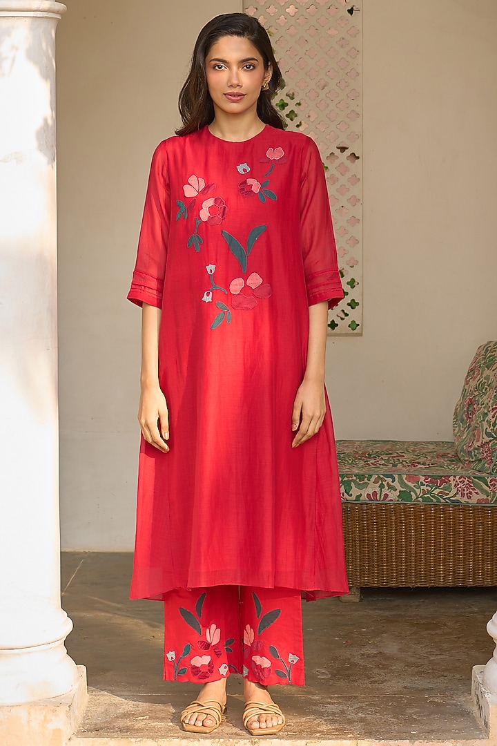 Cherry Red Muslin Cotton Embroidered Co-Ord Set by Vaayu at Pernia's Pop Up Shop
