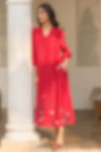 Cherry Red Muslin Cotton Embroidered Summer Dress by Vaayu at Pernia's Pop Up Shop