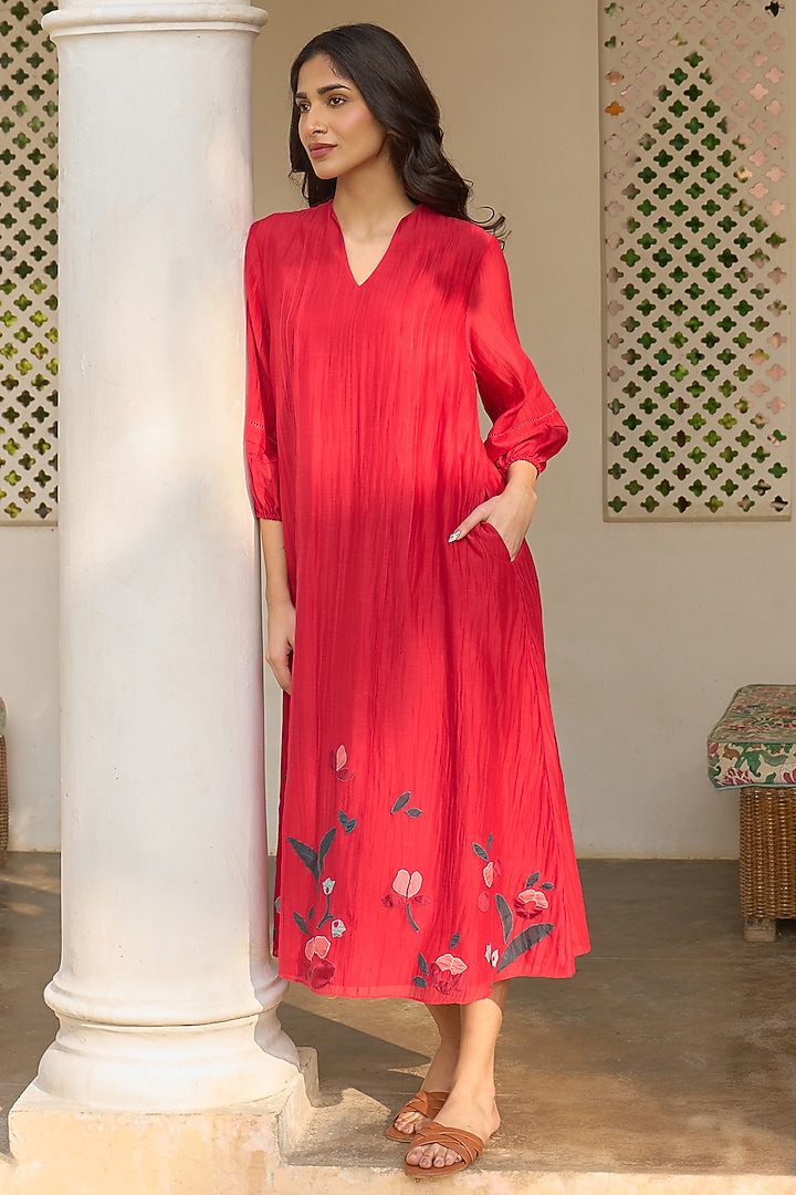 Cherry Red Muslin Cotton Embroidered Summer Dress by Vaayu at Pernia's Pop Up Shop