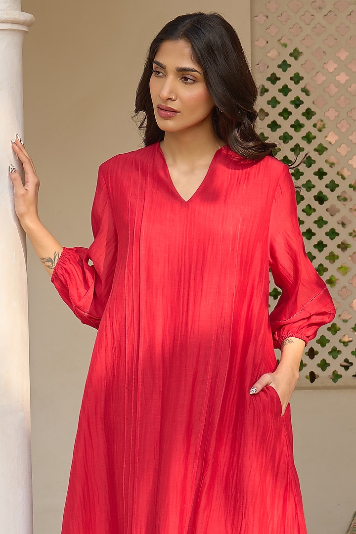 Cherry Red Muslin Cotton Embroidered Summer Dress by Vaayu at Pernia's Pop Up Shop