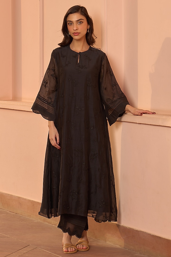 Noir Black Muslin Cotton Embroidered Co-Ord Set by Vaayu at Pernia's Pop Up Shop