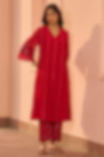 Cherry Red Muslin Cotton Embroidered Co-Ord Set by Vaayu at Pernia's Pop Up Shop