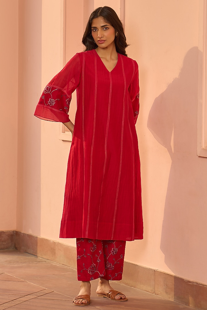 Cherry Red Muslin Cotton Embroidered Co-Ord Set by Vaayu at Pernia's Pop Up Shop