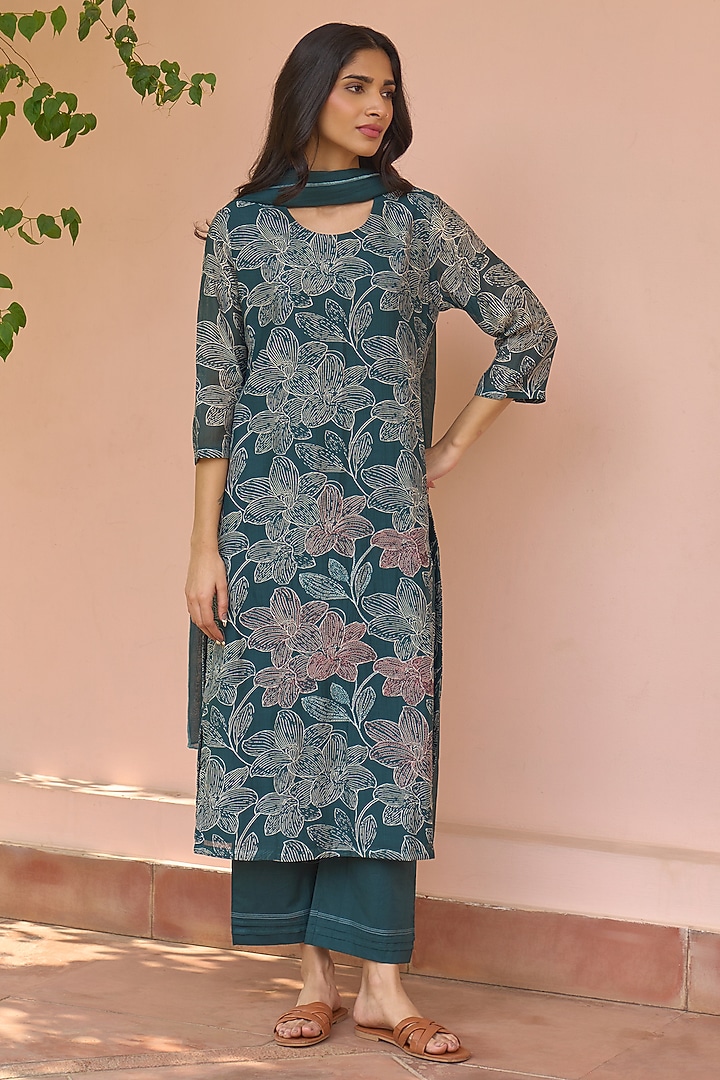 Jade Muslin Cotton Printed & Embroidered Kurta Set by Vaayu at Pernia's Pop Up Shop