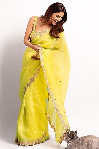Yellow Silk Organza Embroidered Saree by TORANI