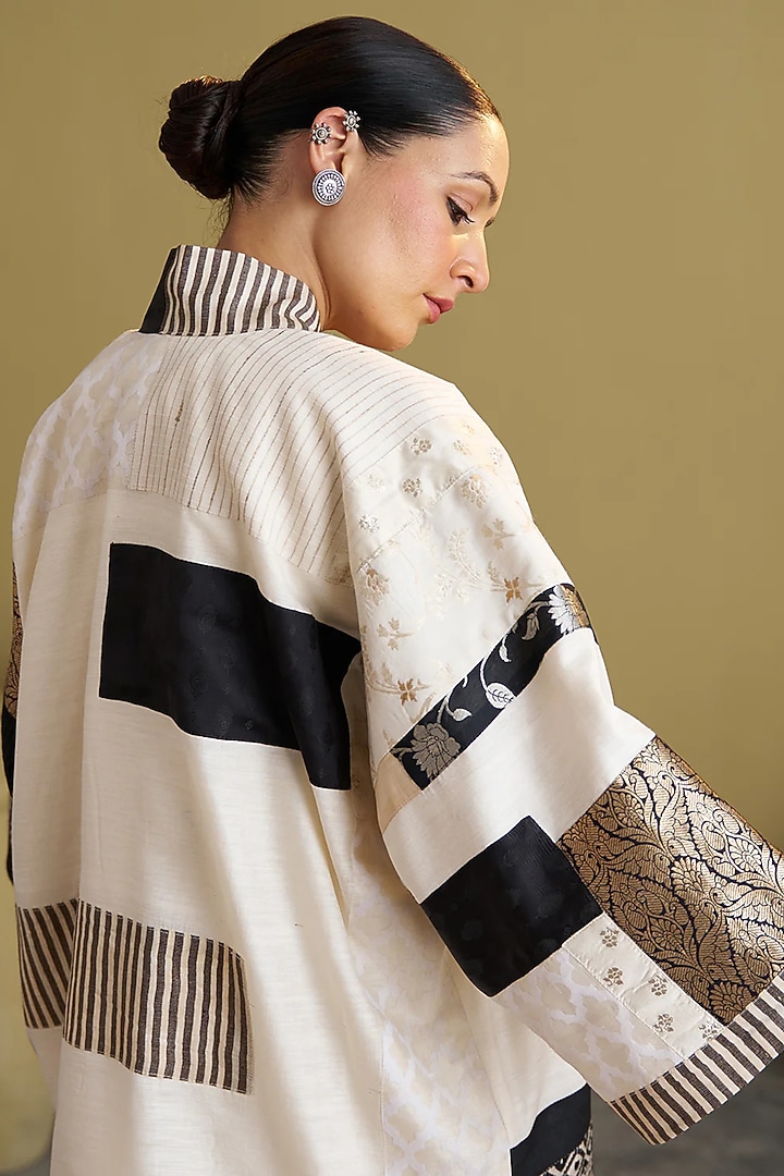 Ivory & Black Mulberry Handloom Silk Jacket by Vaaya at Pernia's Pop Up Shop
