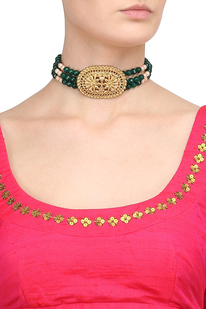 Gold Plated Green Semi Precious Stone Choker Necklace by Valliyan by Nitya Arora
