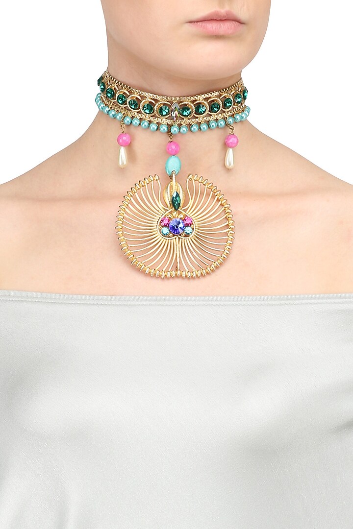 Gold Plated Semi Precious Stone Ambreen Choker Necklace by Valliyan by Nitya Arora