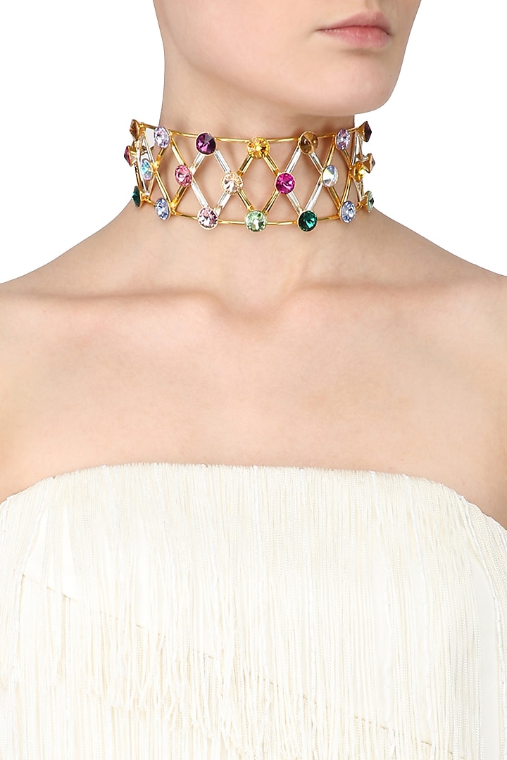 Gold Plated Multicolor Stone Choker Necklace by Valliyan by Nitya Arora