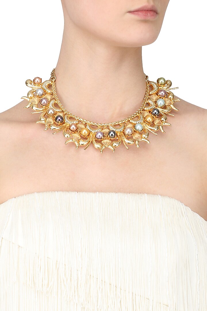 Gold Plated Multicolor Stone Short Necklace by Valliyan by Nitya Arora