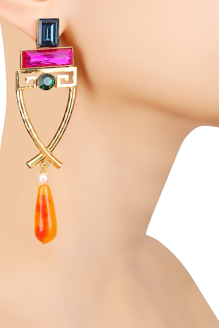 Gold Finish Blue, Pink, Yellow and Red, Stones Earrings by Valliyan by Nitya Arora