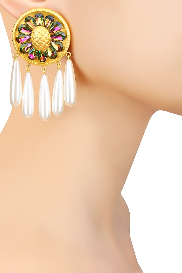 Gold Finish Semi Precious Stones Round Stud Earrings by Valliyan by Nitya Arora