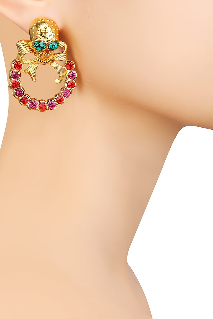 Gold Finish Skull Top and Red Semi Precious Stone Earrings by Valliyan by Nitya Arora
