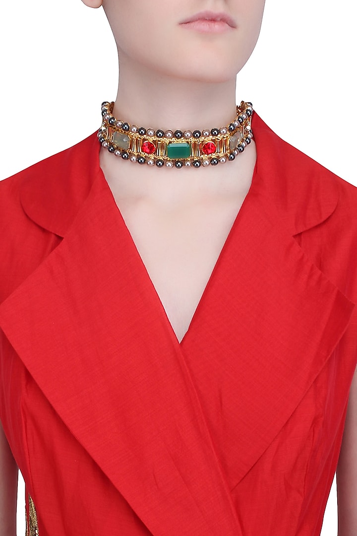 Gold Finish Red and Green Stones Choker Necklace by Valliyan by Nitya Arora