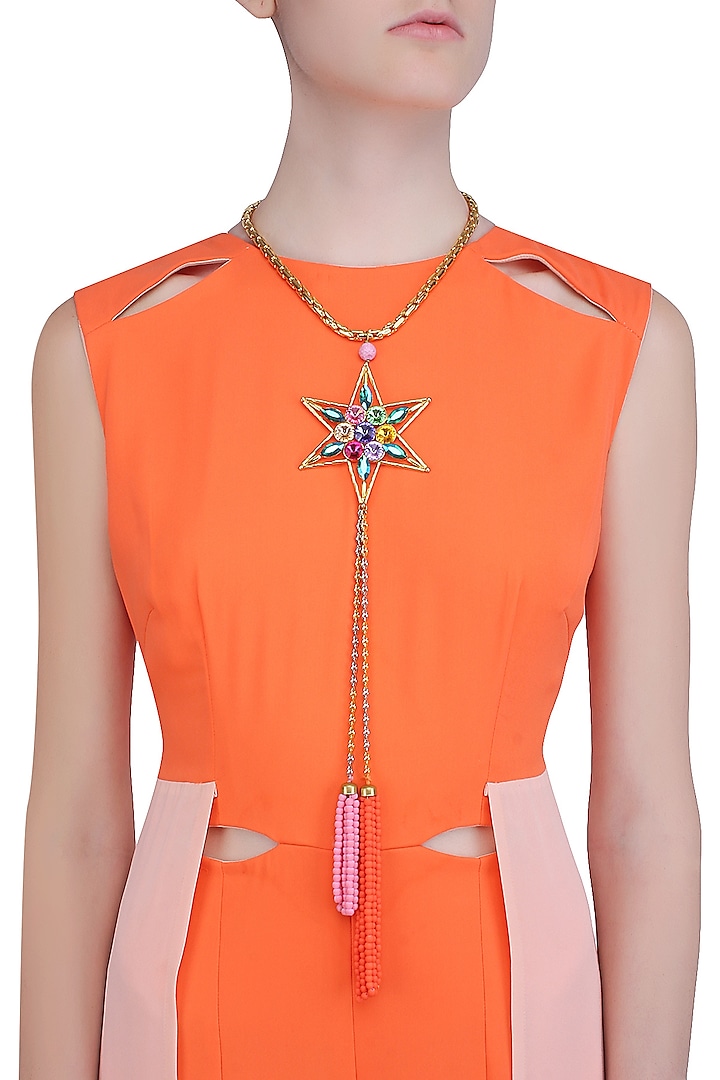 Gold Finish Multicolor Stone Star Pendant Choker Necklace by Valliyan by Nitya Arora