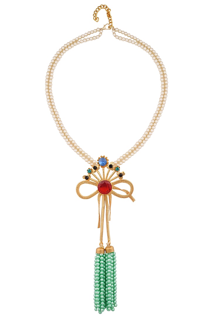 Valliyan by Nitya Arora presents Gold finish bow pendant pearl string necklace available only at Pernia's Pop Up Shop.