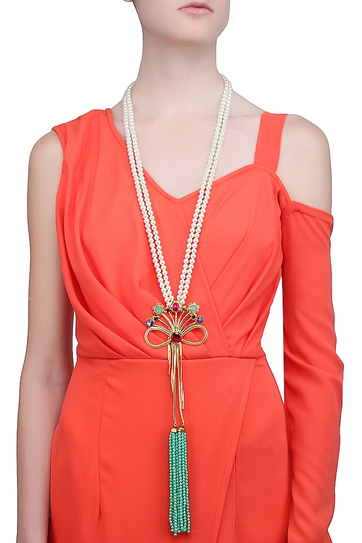 Valliyan by Nitya Arora presents Gold finish bow pendant pearl string necklace available only at Pernia's Pop Up Shop.